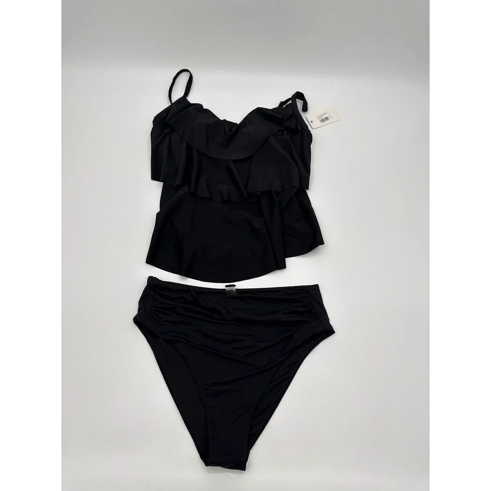 Envya Curves Black Ruffle Tankini Set High Waisted Bikini Plus Size 1X M0003A